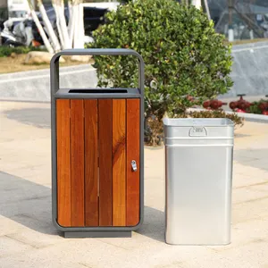 Street Urban Furniture Public Stainless Steel With Wood Garbage Can Outdoor Metal Trash Bin For Park