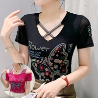 Camiseta de Fiesta para Mujer con Hombros Descubiertos, Pedrería de Rosas, Lentejuelas Brillantes, Ajuste Delgado, Manga Corta, Ideal para Discoteca