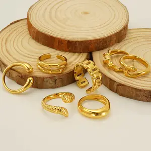 Đồ trang sức ngón tay Cuff mở có thể điều chỉnh signet thời trang vàng nhẫn thép không gỉ liên kết chuỗi nhẫn đồ trang sức phụ nữ