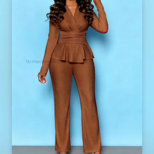 Women's Summer New Arrival: Waist-Defining, Slimming Solid-Color Long-Sleeve Top and <b>Pants</b> Casual 2-Piece Set Fashion - Product Image 6