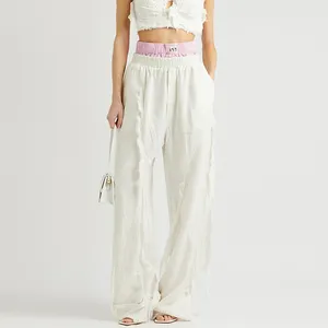 Kadınlar için yeni stil Hit renk Patchwork yüksek bel geniş bacak keten pantolon beyaz