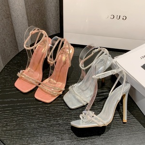 Sexy Silver Crystal Ankle Strap Sandals for Women 2023 Summer Square Open Toe Rhinestone Heels Party Prom <b>Shoes</b> Size 35-42 - Product Image 5