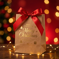 Sac en papier kraft personnalisé écologique pour Noël avec nœud en ruban, sac cadeau brun en gros, emballage de Noël, sac de shopping