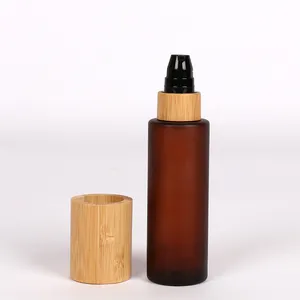 Botella de vidrio esmerilada para cosméticos, botella redonda de bambú esmerilada de 60ml, 2oz, color ámbar