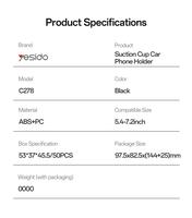 Support de téléphone de voiture Yesido C278 à ventouse télescopique, rotation à 360°, utilisation à une main