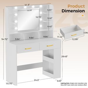 SENYU - Tocador Moderno para Dormitorio, Color Blanco, con Cajones de Almacenamiento, Espejo con Luces LED Ajustables - Product Image 3