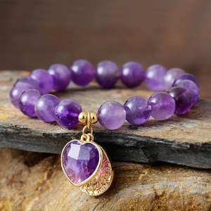 Natural <b>Amethyst</b> Beaded <b>Bracelet</b> 10mm Heart Pendant Elastic Stretch Jewelry For Gift - Product Image 1