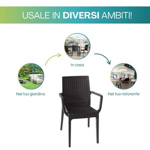 Sedie da Giardino in Polipropilene Effetto Rattan con Braccioli 56x46x51 Cm Impilabili per Esterni Nere - Product Image 5