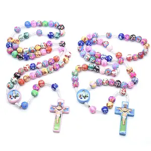 Colorful Kids Polymer Clay Religious Jewelry Rosary Necklace Crucifix Cross Pendant Rosaries