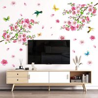 Stiker Dinding Bunga Sakura Merah Muda Bunga Persik Kupu-kupu Burung Seni Dekorasi Pohon Cabang Bunga Natal PVC Kamar Tidur