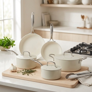 Ensemble de casseroles antiadhésives de luxe 8 pièces, compatible <span class=keywords><strong>lave</strong></span>-<span class=keywords><strong>vaisselle</strong></span>, compatible avec toutes les plaques de cuisson, design classique, gris lin - Product Image 2