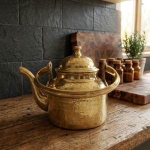 กาต้มน้ำชาทองเหลืองโบราณพร้อมฝาปิดและที่จับหม้อโลหะออกแบบสไตล์ - Product Image 4