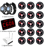 Système d'appel sans fil pour restaurant, comprenant 1 moniteur d'affichage, 2 récepteurs de montre-bracelet, 1 amplificateur de signal et 15 pagers.