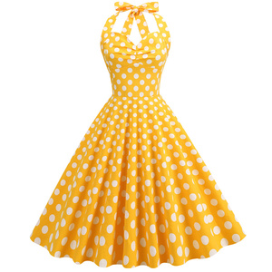 2025 Venta caliente Vintage Polka Dots Dress Halter Backless Tie-Up Cintura Palace Style Flared Maxi Dress para mujeres - Product Image 5