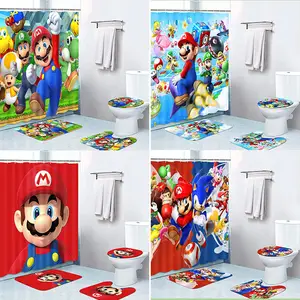Cartoon Kids Super Mario Shower Curtain Set With 12pcs Hooks