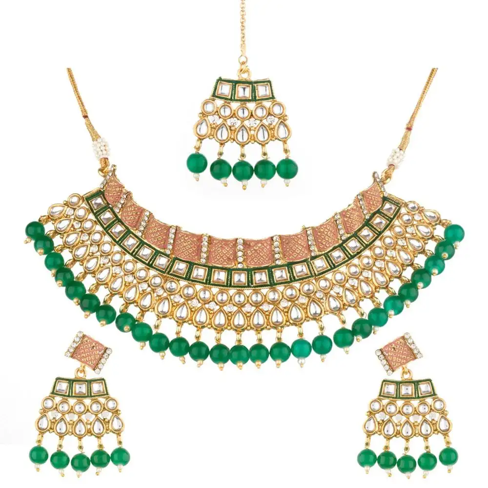 Indischen Bollywood Kristall Kundan 14K Gold Überzogene Braut Hochzeit Halskette Ohrring Maangtikka Halsband Schmuck-set