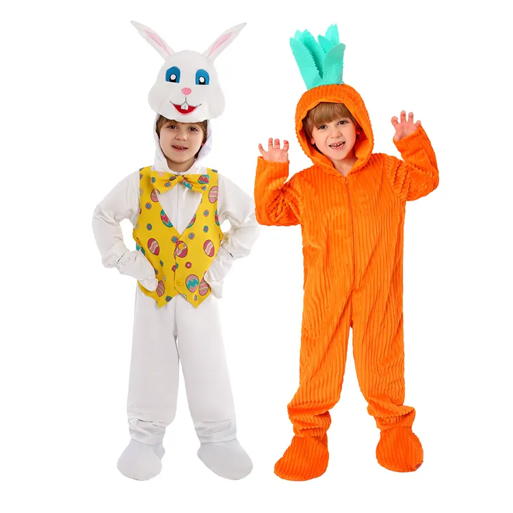 Funny Easter Carnival Party Costume White Rabbits Carrot Jumpsuit Kids Cosplay Costumes For Halloween Stage Performance