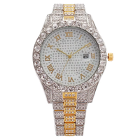 Reloj de Cuarzo para Hombre Estilo Hip Hop con Incrustaciones de Diamantes, Esfera Brillante, Calendario Romano, Diseño Redondo con Diamantes, Reloj de Moda Urbana