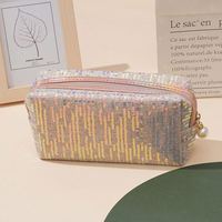 Pochette de maquillage personnalisée avec logo d'usine, sequins brillants verticaux, décor perlé, fermeture éclair, toile, portable, pour cosmétiques et fournitures de bureau