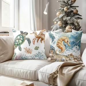 Gối trang trí chủ đề đại dương với hình rùa và cá ngựa, tạo không gian ấm cúng cho nhà bạn theo phong cách biển cả. - Product Image 4