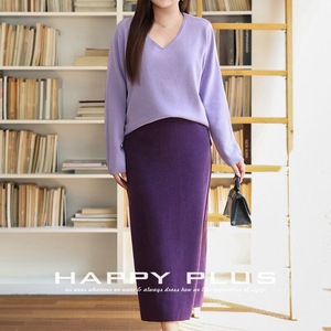 Conjunto de Falda Midi de Pana para Mujer Happy Plus, Suéter de Manga Larga con Cuello en V, Color Sólido, Cintura Alta, Corte Ajustado, Morado N9085 - Product Image 4