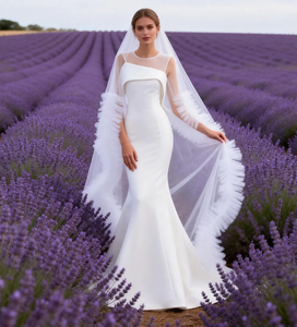 Robe de mariée sirène minimaliste sans manches en satin <span class=keywords><strong>avec</strong></span> traîne chapelle et <span class=keywords><strong>voile</strong></span> en tulle aérien pour mariages modernes - Product Image 5