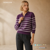 Suéter de Cuello Alto con Cierre y Rayas para Mujer, Mezcla de Lana y Cachemira, Manga Larga, Color Morado, Estilo Casual