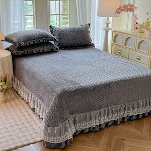 Winter Warm Thickened Quilted Milk Fleece Bed Skirt, <strong>Double</strong> Layer Lace Trim Solid Color 3-Piece <strong>Bedspread</strong> for Queen Bed - Product Image 3