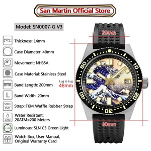 Montre de plongée San MartinSN 0007-G-V3 pour homme, cadran Kanagawa Surfing, mouvement automatique NH35, 20 bars, bracelet entièrement luminescent - Product Image 2