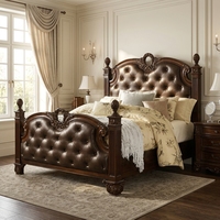 Lit capitonné en cuir de style victorien, cadre de lit rembourré en acajou massif avec capitonnage en losanges pour hôtel, villa, chambre à coucher