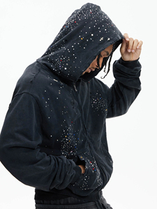 Sweat à capuche zippé pour homme, style streetwear hip-hop, effet vieilli, avec strass perlés, motif imprimé ODM, collection automne, personnalisable avec logo - Product Image 2