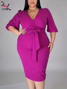 Robes pour femmes grandes tailles, couleur unie, sexy, col en V, tendance automne, vêtements pour femmes en surtaille, vente chaude - Product Image 6
