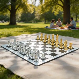 Juego de Ajedrez Profesional de Plástico Dorado y Plateado de 13 Pulgadas con Tapete Enrollable Plegable de Cuero PU Premium de 40 cm, Tubo Crown Tube - Regalo de Viaje de Lujo - Product Image 1