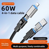 Câble d'alimentation 4 en 1 à charge rapide en nylon USB-A Type-C avec affichage numérique LED 100W, entièrement compatible avec les téléphones iPhone, les ordinateurs portables Android et les écouteurs