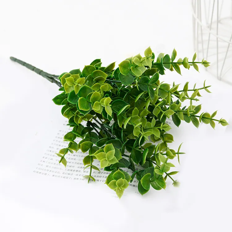 Artificial Plant Army green plastic artificial eucalyptus leaf 7 Forks Plastic Eucalyptus Bouquet For Wedding Decor