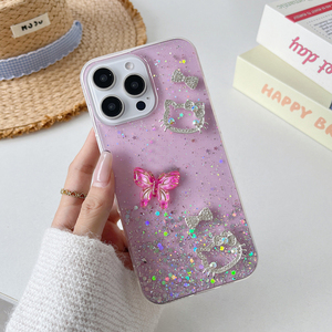 Bling Drop Gluing 3D Bướm Trường Hợp Đối Với <span class=keywords><strong>iPhone</strong></span> 16 15 14 13 12 Mini 11 Pro X <span class=keywords><strong>6</strong></span> 6S 7 8 Cộng Với XR XS Max <span class=keywords><strong>Hello</strong></span> <span class=keywords><strong>Kitty</strong></span> Điện Thoại Bìa - Product Image 3