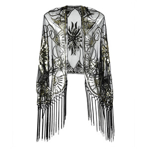 Women's 1920s Scarf Wraps Sequin Fringed Wedding <strong>Cape</strong> Evening Shawl Vintage Prom Wedding Party <strong>Mesh</strong> Cover up Dress Accessories - Product Image 1