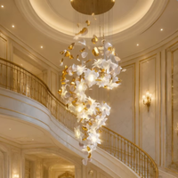 Lustre LED personnalisable avec abat-jour en verre et cuivre, finition or/blanc, hauteur réglable, télécommande, pour l'éclairage des hôtels et des villas