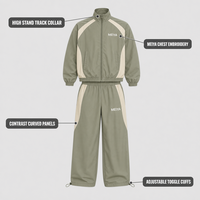 Survêtements Verts Personnalisés pour Hommes – Coupe-Vent en Nylon avec Patchwork, Col Montant, Fermeture Éclair Intégrale, Pantalon Ample à Jambes Larges pour Sports Décontractés