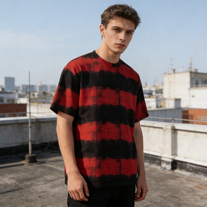 Camiseta de algodón de 300 g/m² para hombre, teñida con efecto tie-dye, corte holgado personalizado, estilo vintage a rayas, fabricante de ropa urbana. - Product Image 3