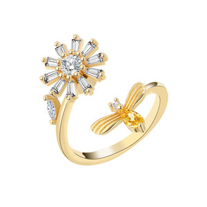 Rotating Sunflower Rings Fashionable Copper Gold Plated Claw Set Zircon Anxiety Fidget Spinner Parties Holiday Jewelry <b>Gift</b> - Product Image 1