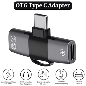Adaptateur Répartiteur Audio OTG Double <span class=keywords><strong>USB</strong></span> Type <span class=keywords><strong>C</strong></span> PD 15W pour Casque et <span class=keywords><strong>Jack</strong></span> Type <span class=keywords><strong>C</strong></span>, Compatible iPhone 17 Pro Max Samsung Xiaomi - Product Image 1