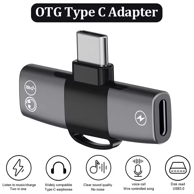 OTG Double USB Type C PD 15W Charger to Type C Jack AUX Audio Headphones Splitter Adapter for iPhone 17 Pro Max Samsung Xiaomi