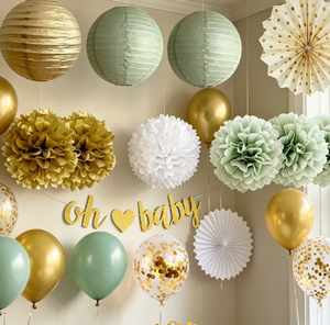 Set de Decoración para Bebé con Pancarta Unisex 'Oh Baby', Farolillos de Papel, Globos de Confeti <span class=keywords><strong>Verde</strong></span> Salvia y Dorado para Bautizo, Cumpleaños y Fondo de Decoración - Product Image 1