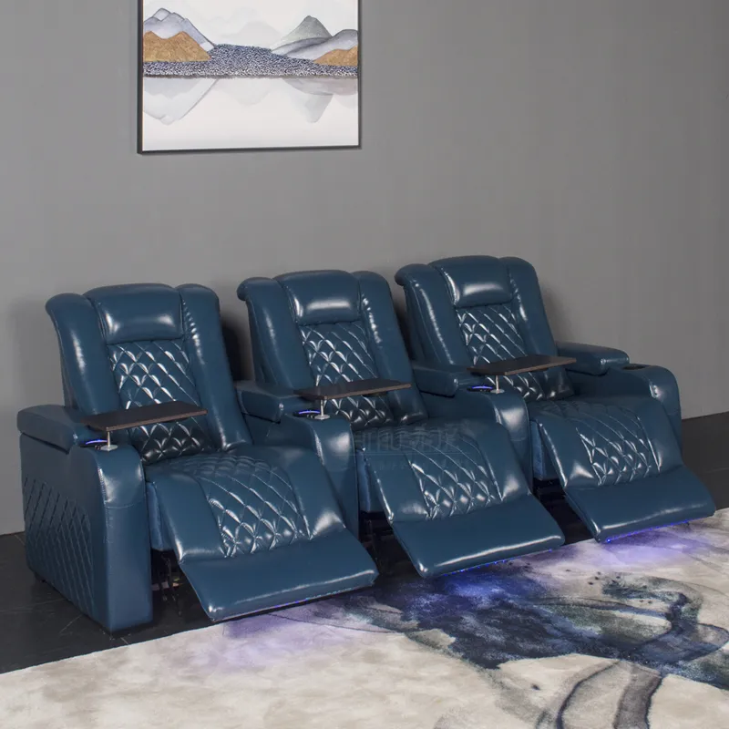 Tavuskuşu mavi 3 kişilik ev sineması elektrikli recliner kanepe koltuğu motorlu uzanmış sinema oturma özel film koltukları