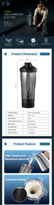 Bouteille de shaker à protéines électrique Tasse de mixage rechargeable par USB pour shakes et substituts de repas Bouteille d'eau Tritan Shaker sans BPA - Product Image 2