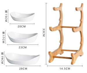 Assiette à fruits en céramique à 3 niveaux avec support en bois de bambou pour snacks Panier à fruits en <span class=keywords><strong>porcelaine</strong></span> pour le stockage des légumes - Product Image 5