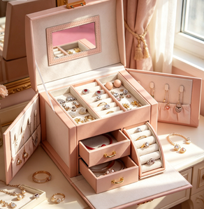 Grande boîte à bijoux en velours rose avec miroir, organiseur de bijoux multi-niveaux verrouillable avec tiroirs et crochets - Product Image 6