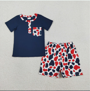 Fashion BSSO1783 Navy Color Shirts With Pocket Top Matching <b>Red</b> Navy Camo Shorts 4th of July Clothes Set - Product Image 4