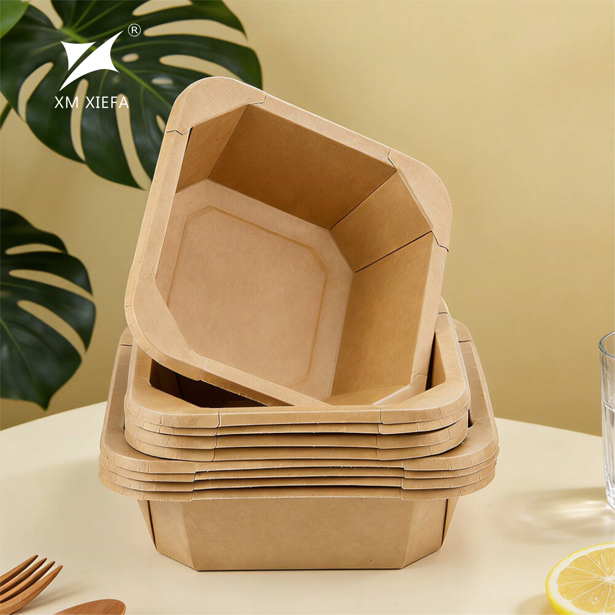 Disposable Takeaway Fruit Cutting Octagonal Bento Paper Bowl Kraft Paper Lunch Box Light Food Salad Paper Plates Bowls